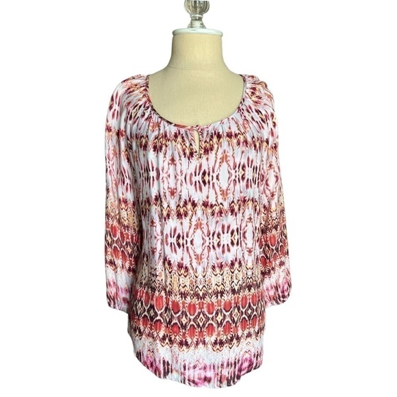 Kenar Boho Tribal print Pink Coral 3/4 Sleeve flowy lightweight blouse in Medium - Picture 2 of 10